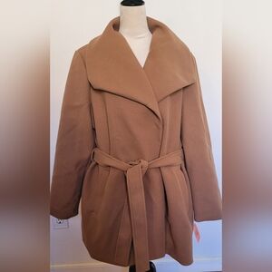 Tahari Women's Coat Wrap Faux Wool Water-Resistant Pockets Tie Belt XXL Plus Tan